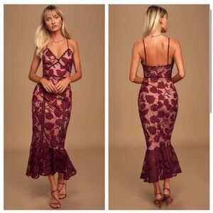 Lulus Alluring Dream Burgundy Floral Mesh Lace‎ Trumpet Midi Dress New! Size L